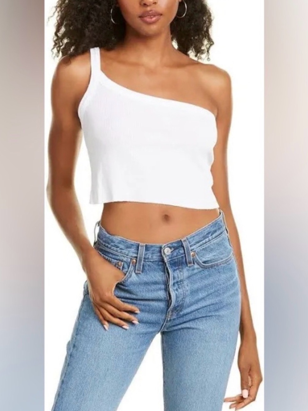Cotton Citizen Verona Off-Shoulder Ribbed White Crop Tank with raw edge